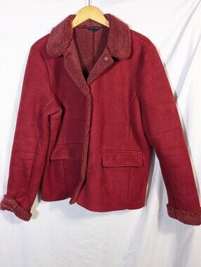 Women's Lands' End Faux Suede Sherpa Red‎ Coat Women's Warm Cozy Sz L (14-16)